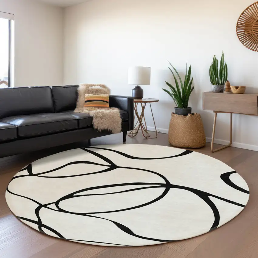 8' White And Black Abstract Washable Round Rug With UV Protection Photo 4