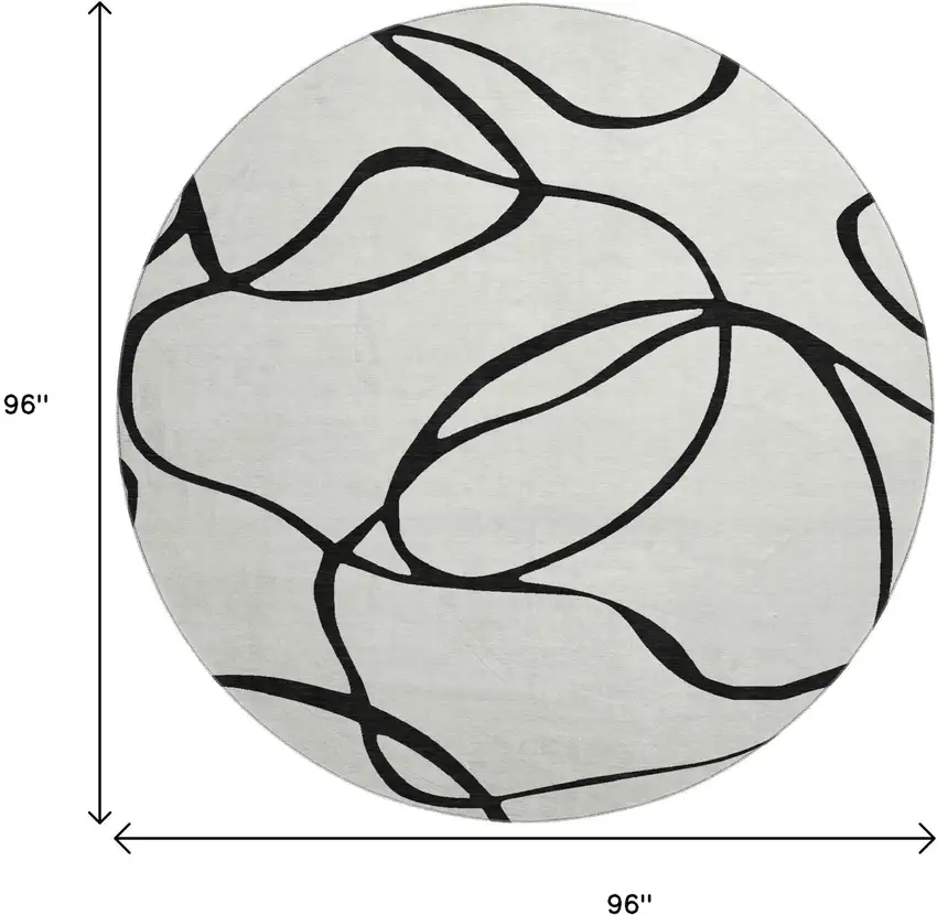 8' White And Black Abstract Washable Round Rug With UV Protection Photo 9