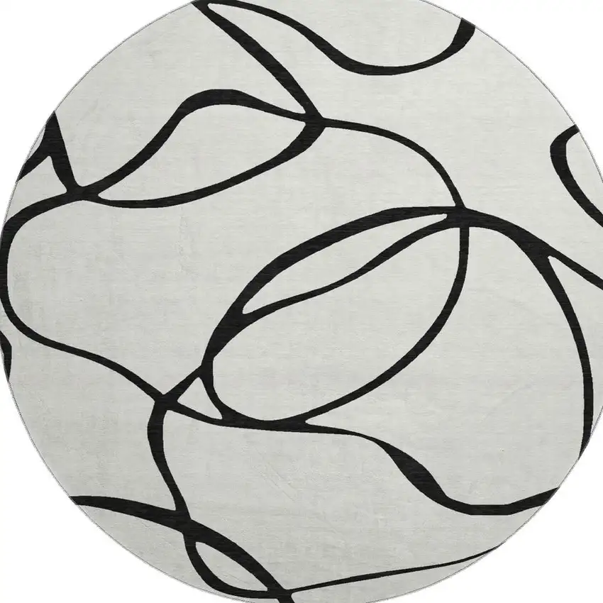 8' White And Black Abstract Washable Round Rug With UV Protection Photo 2