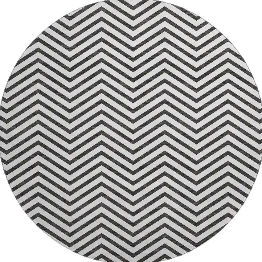 8' White And Black Chevron Washable Round Rug With UV Protection Photo 3