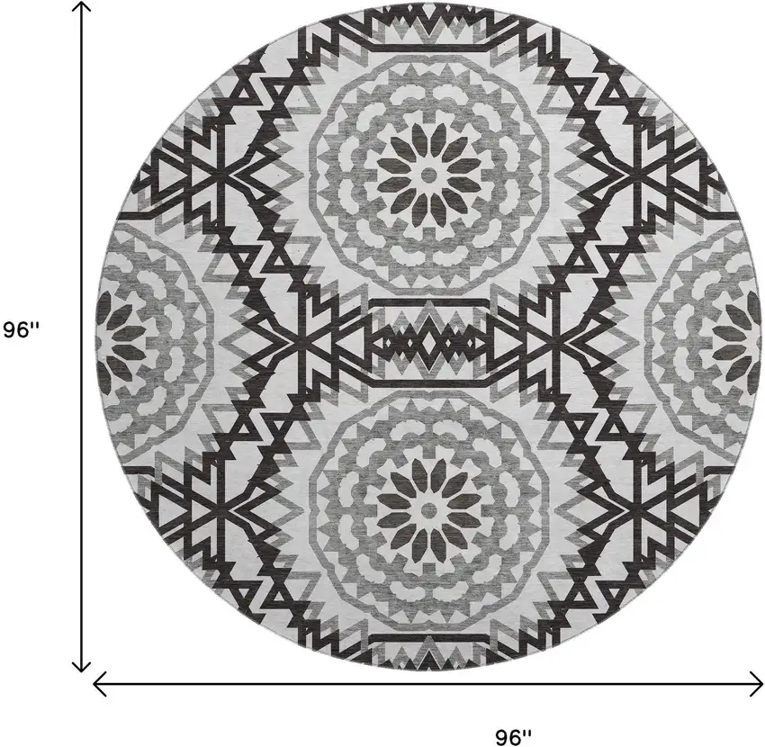 8' White And Black Geometric Washable Round Rug With UV Protection Photo 3