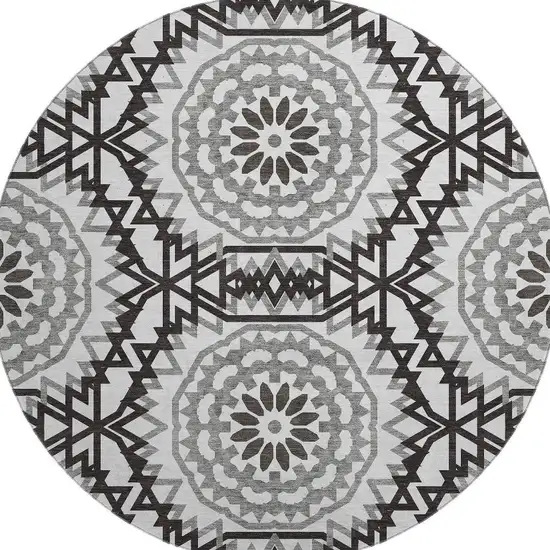 8' White And Black Geometric Washable Round Rug With UV Protection Photo 4