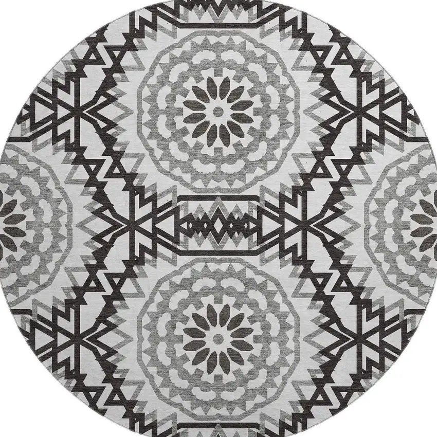 8' White And Black Geometric Washable Round Rug With UV Protection Photo 4