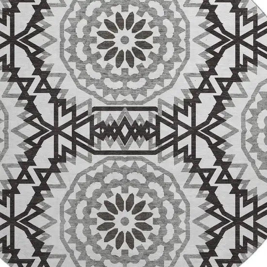 8' White And Black Geometric Washable Round Rug With UV Protection Photo 3