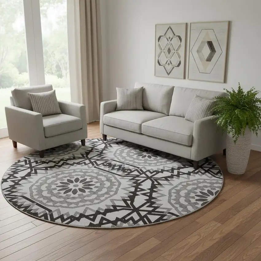 8' White And Black Geometric Washable Round Rug With UV Protection Photo 1