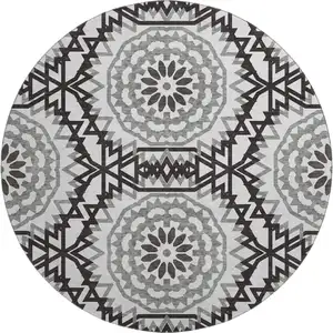 Photo of 8' White And Black Geometric Washable Round Rug With UV Protection