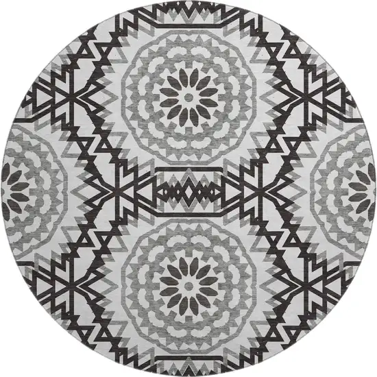 8' White And Black Geometric Washable Round Rug With UV Protection Photo 1