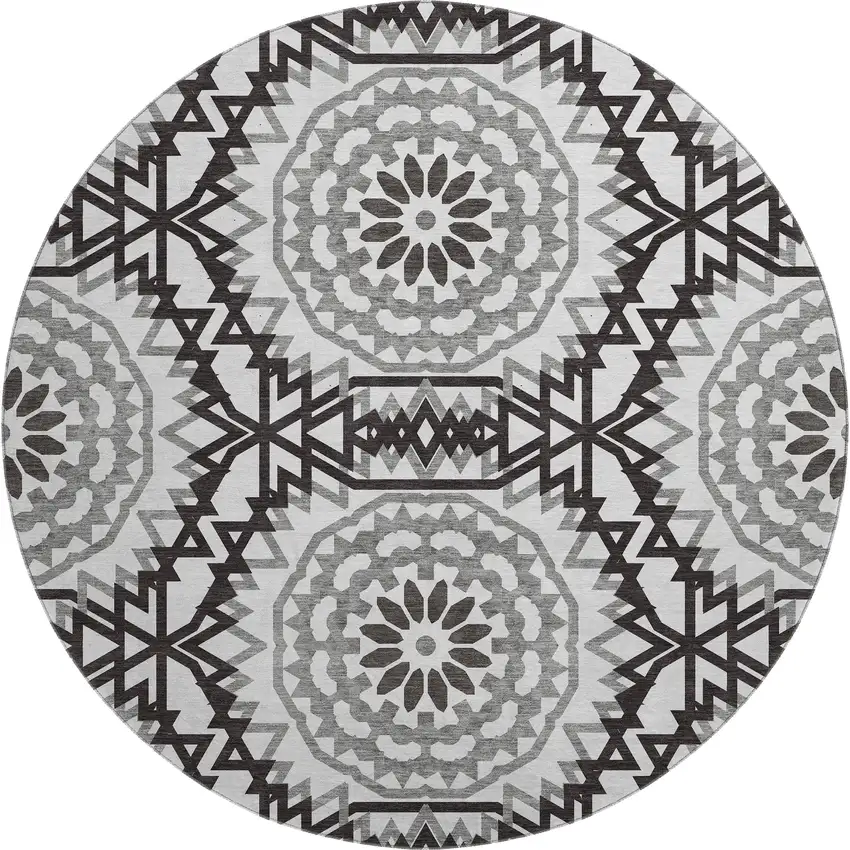 8' White And Black Geometric Washable Round Rug With UV Protection Photo 1