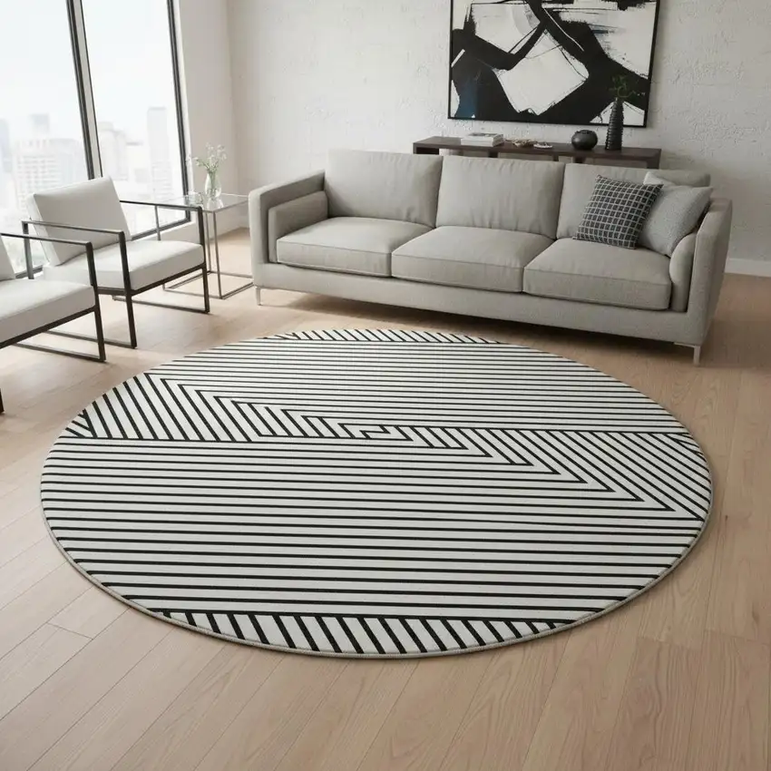 8' White And Black Geometric Washable Round Rug With UV Protection Photo 2