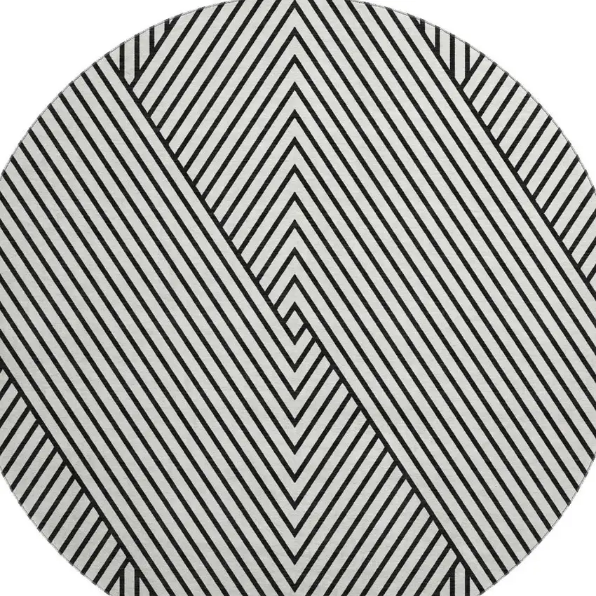 8' White And Black Geometric Washable Round Rug With UV Protection Photo 3