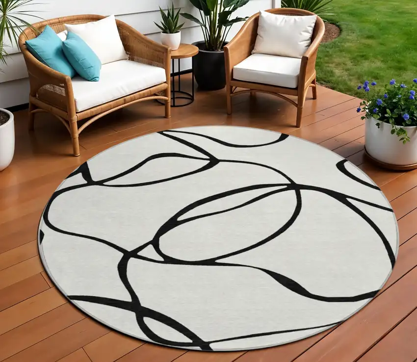 8' White And Black Round Abstract Washable Indoor Outdoor Area Rug Photo 1