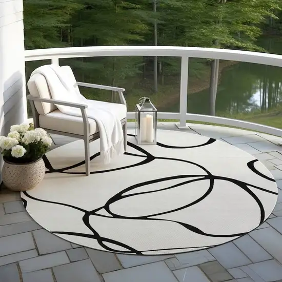 8' White And Black Round Abstract Washable Indoor Outdoor Area Rug Photo 7