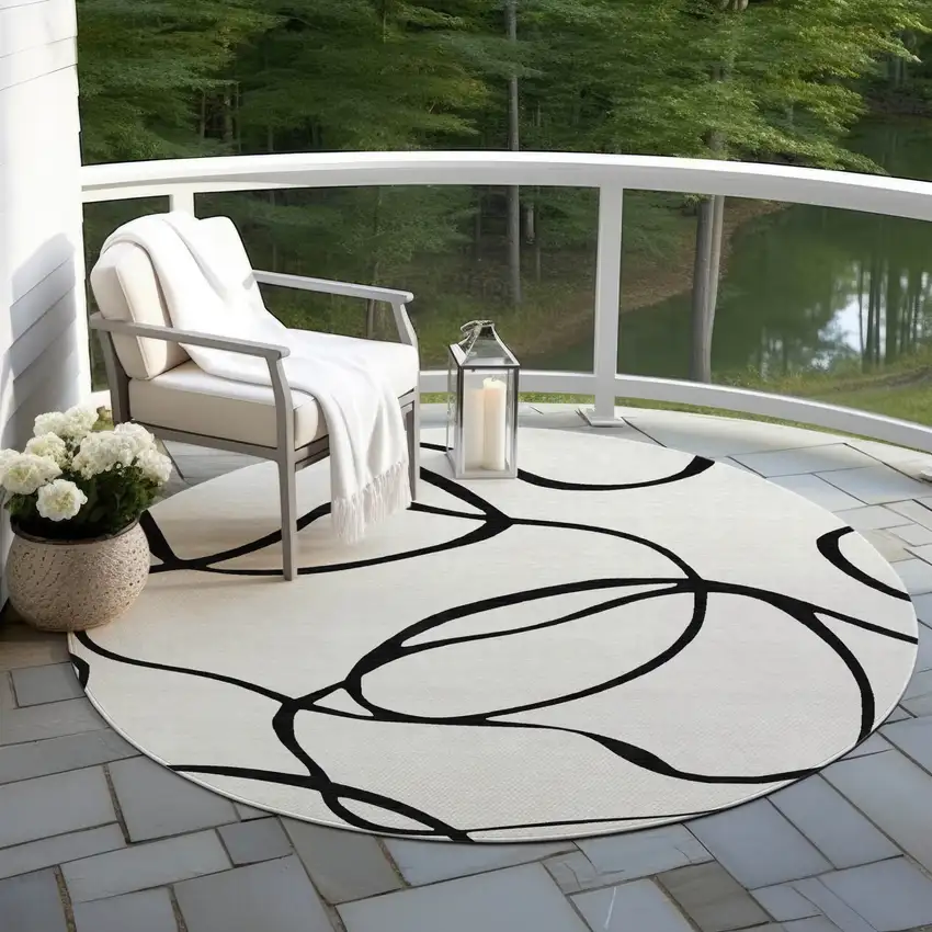 8' White And Black Round Abstract Washable Indoor Outdoor Area Rug Photo 7