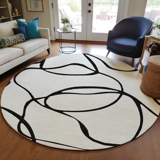 8' White And Black Round Abstract Washable Indoor Outdoor Area Rug Photo 8