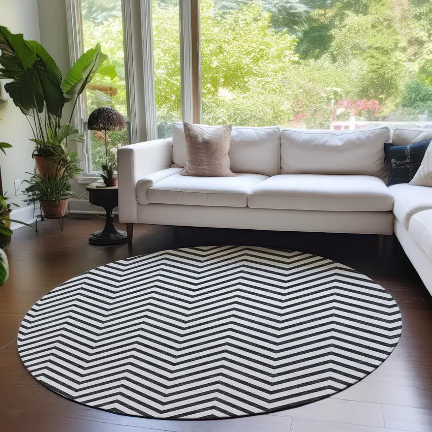 8' White And Black Round Chevron Washable Indoor Outdoor Area Rug Photo 8