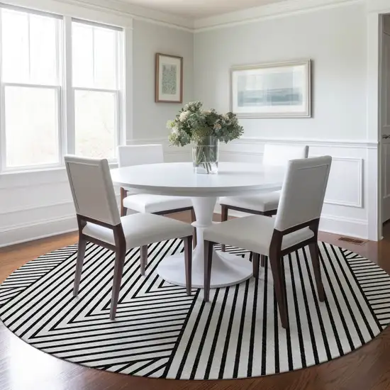 8' White And Black Round Geometric Washable Indoor Outdoor Area Rug Photo 8