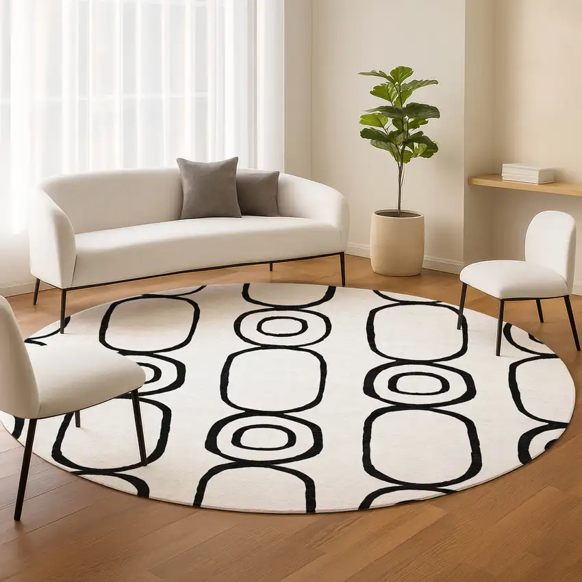 8' White And Black Round Geometric Washable Indoor Outdoor Area Rug Photo 9