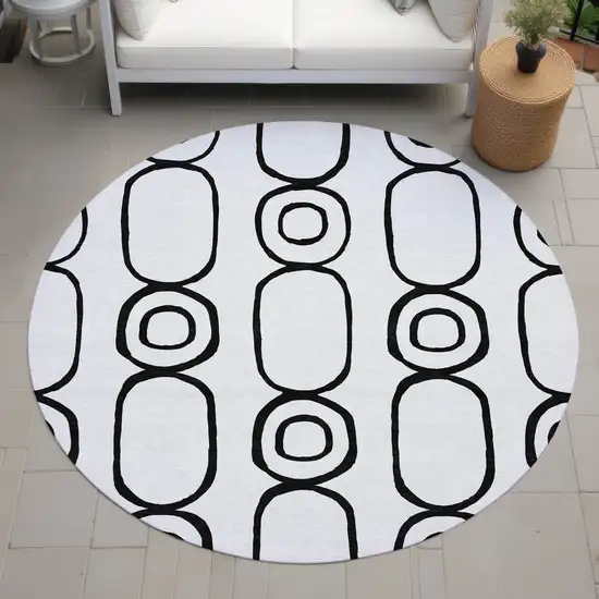 8' White And Black Round Geometric Washable Indoor Outdoor Area Rug Photo 8