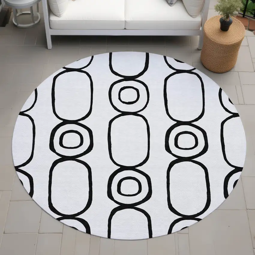 8' White And Black Round Geometric Washable Indoor Outdoor Area Rug Photo 8