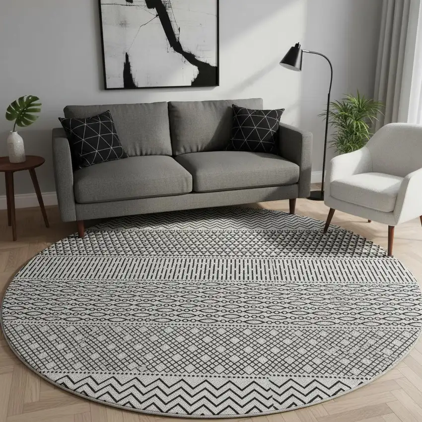 8' White And Black Striped Washable Round Rug With UV Protection Photo 2