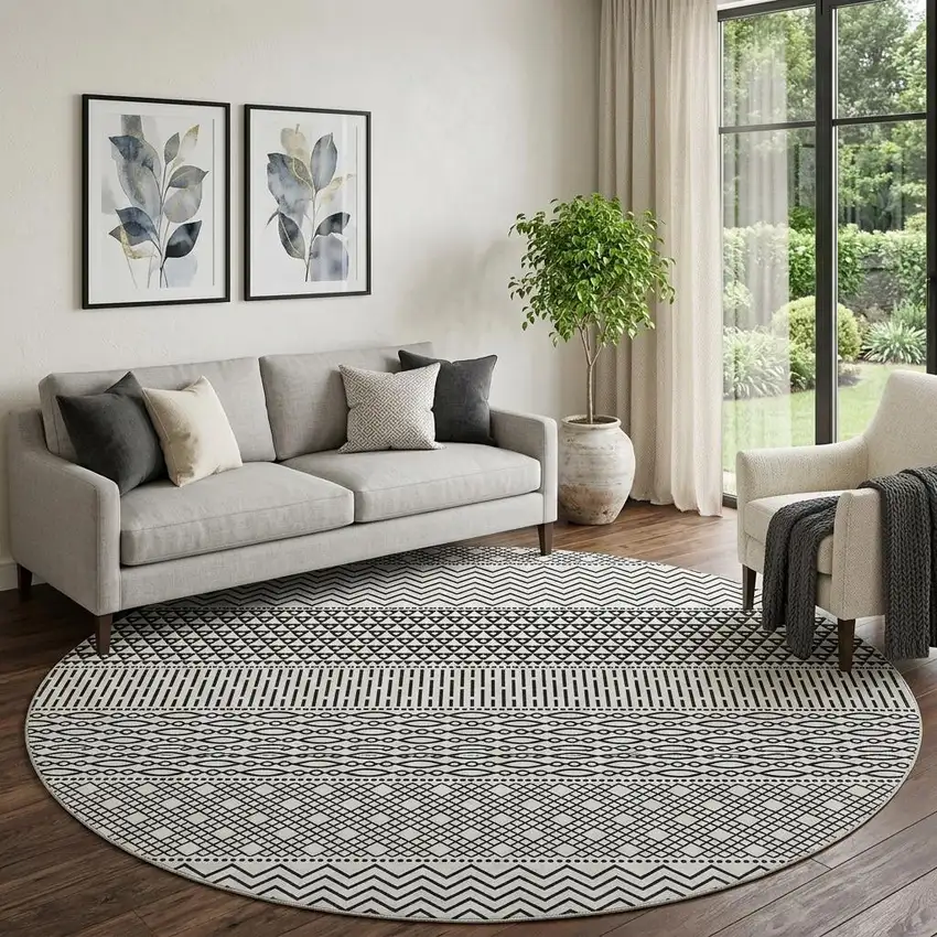 8' White And Black Striped Washable Round Rug With UV Protection Photo 1