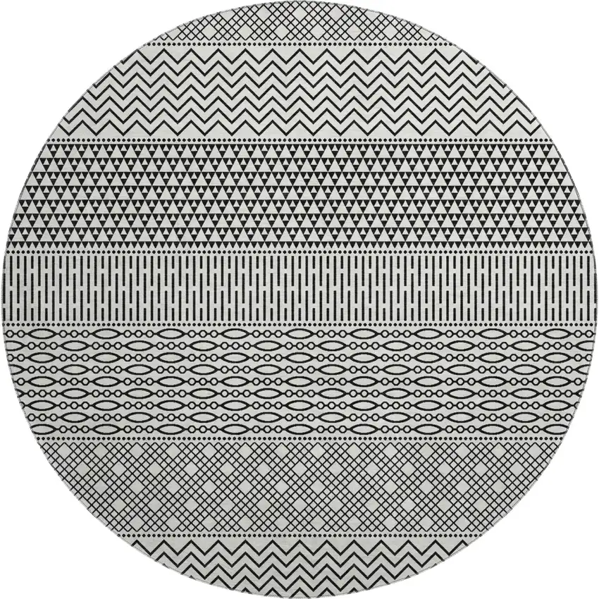 8' White And Black Striped Washable Round Rug With UV Protection Photo 1