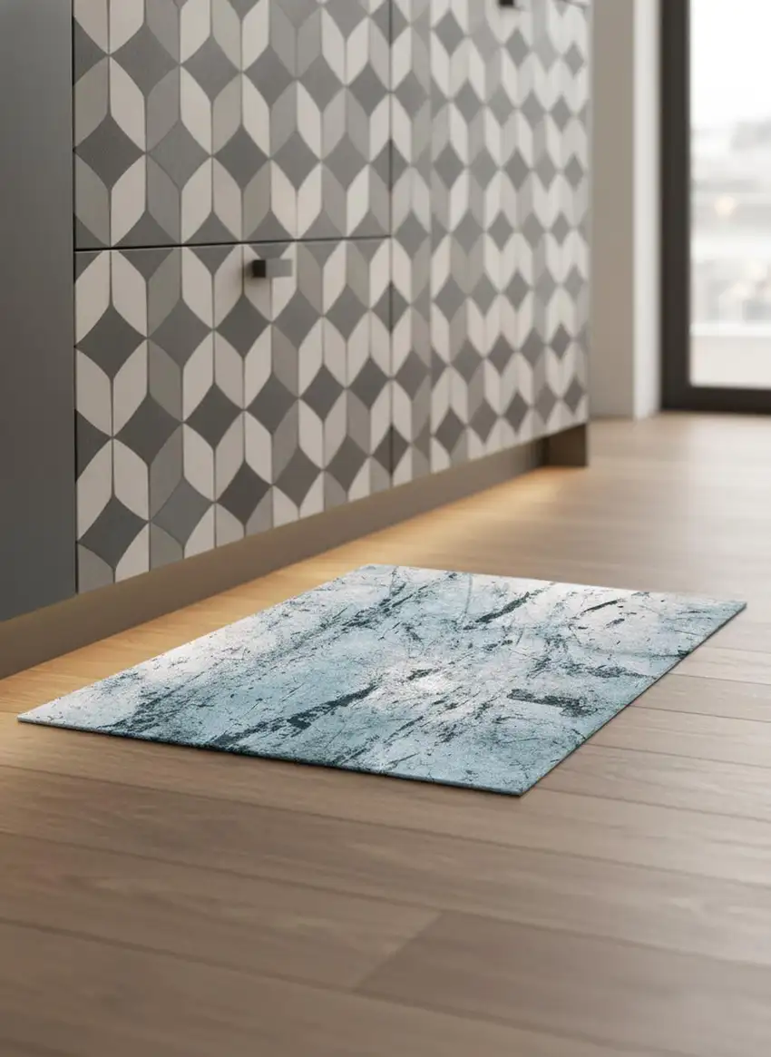 5' White And Blue Abstract Washable Round Rug With UV Protection Photo 1