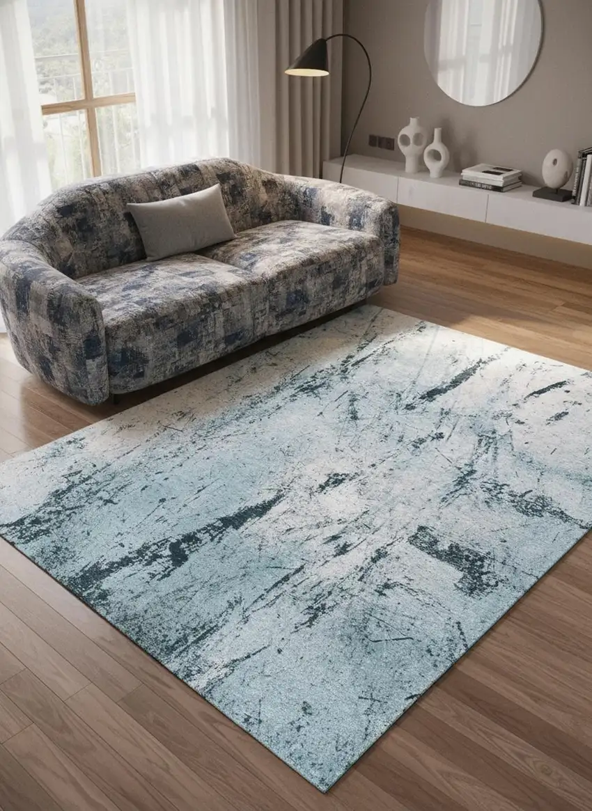 8' White And Blue Abstract Washable Round Rug With UV Protection Photo 1