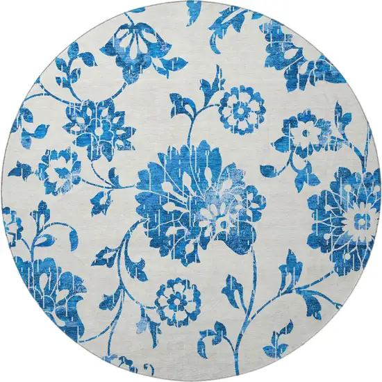 8' White And Blue Floral Washable Round Rug With UV Protection Photo 4