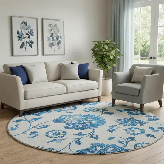 8' White And Blue Floral Washable Round Rug With UV Protection Photo 1