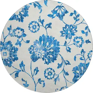 Photo of 8' White And Blue Floral Washable Round Rug With UV Protection