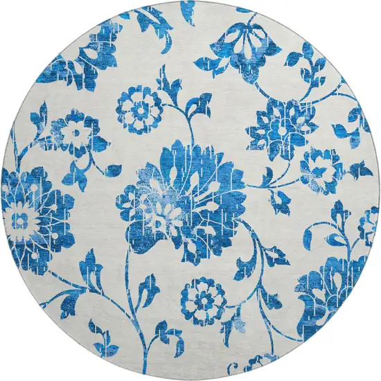 8' White And Blue Floral Washable Round Rug With UV Protection Photo 1