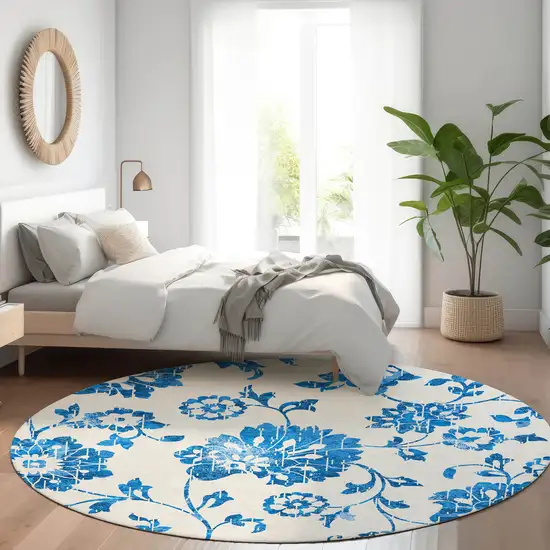 8' White And Blue Floral Washable Round Rug With UV Protection Photo 5