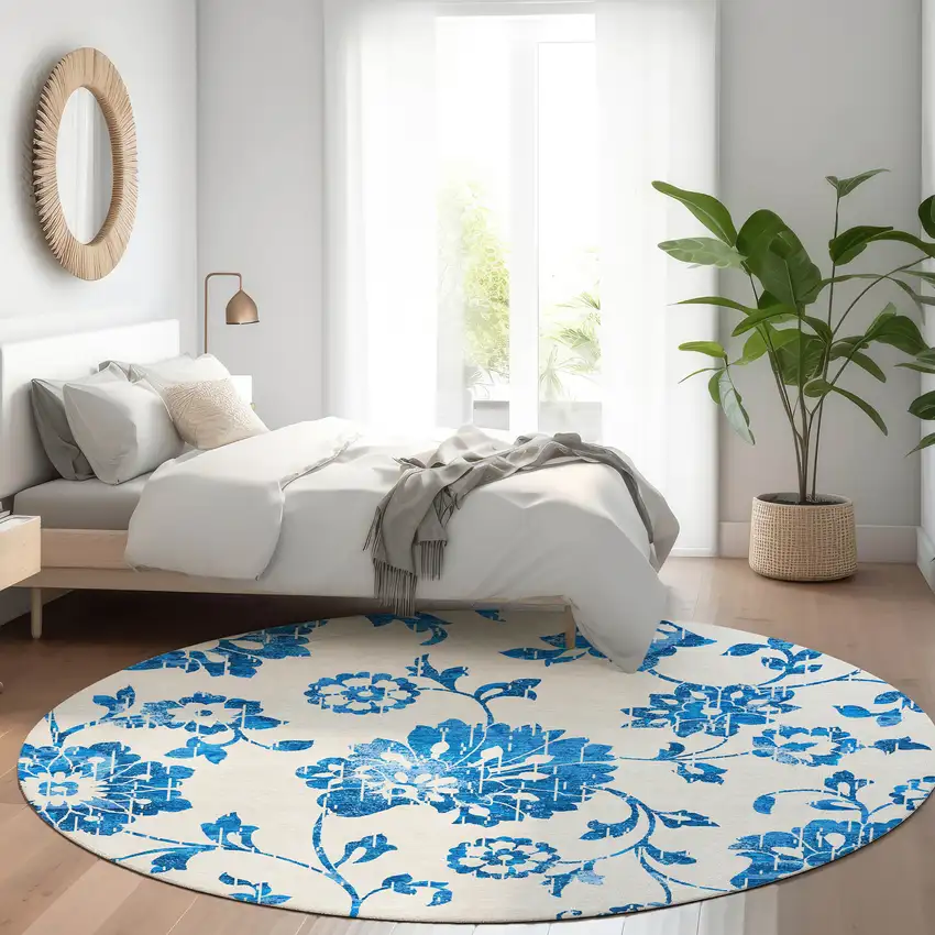 8' White And Blue Floral Washable Round Rug With UV Protection Photo 5