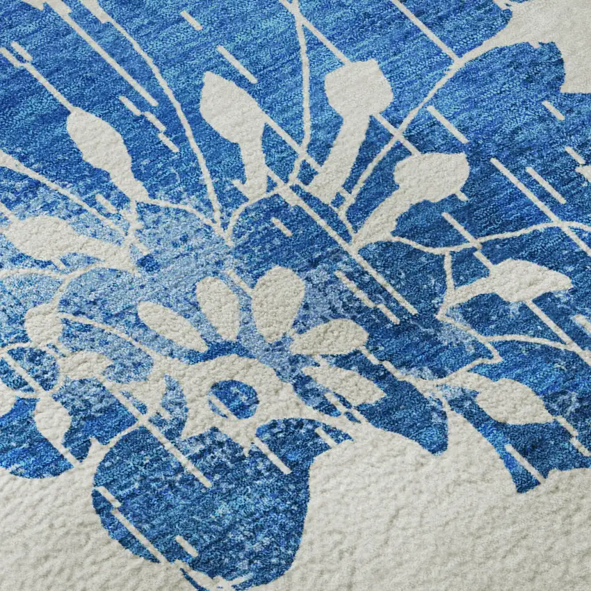 8' White And Blue Floral Washable Round Rug With UV Protection Photo 9