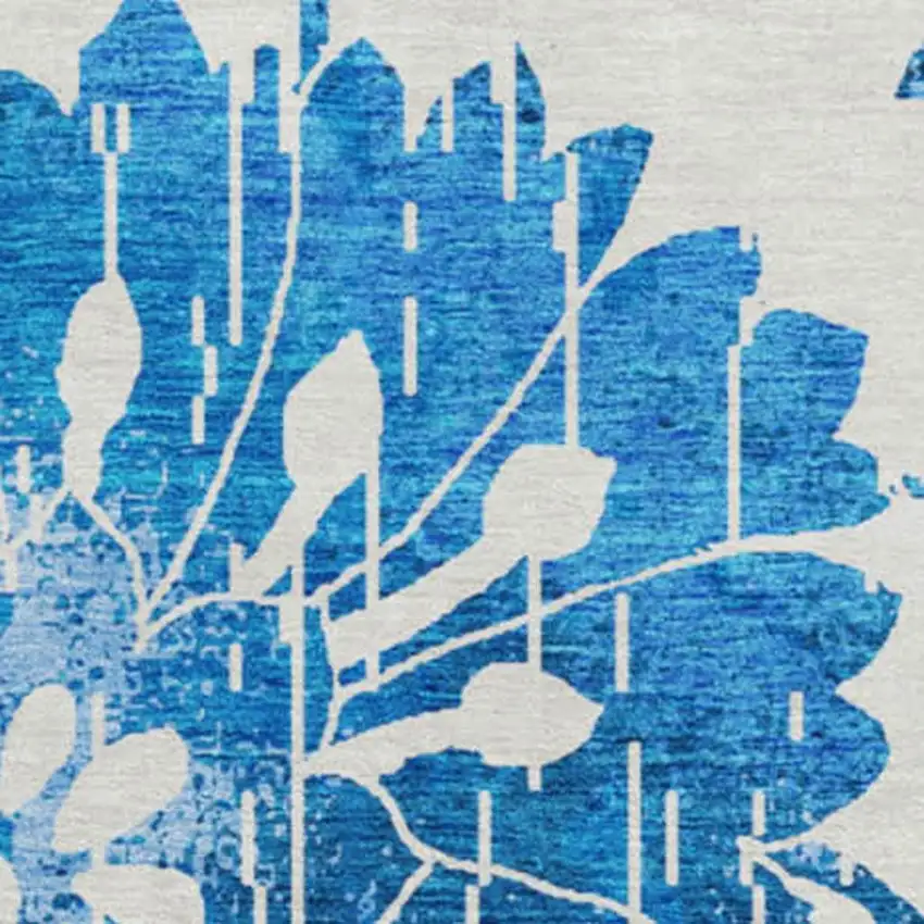 8' White And Blue Floral Washable Round Rug With UV Protection Photo 3