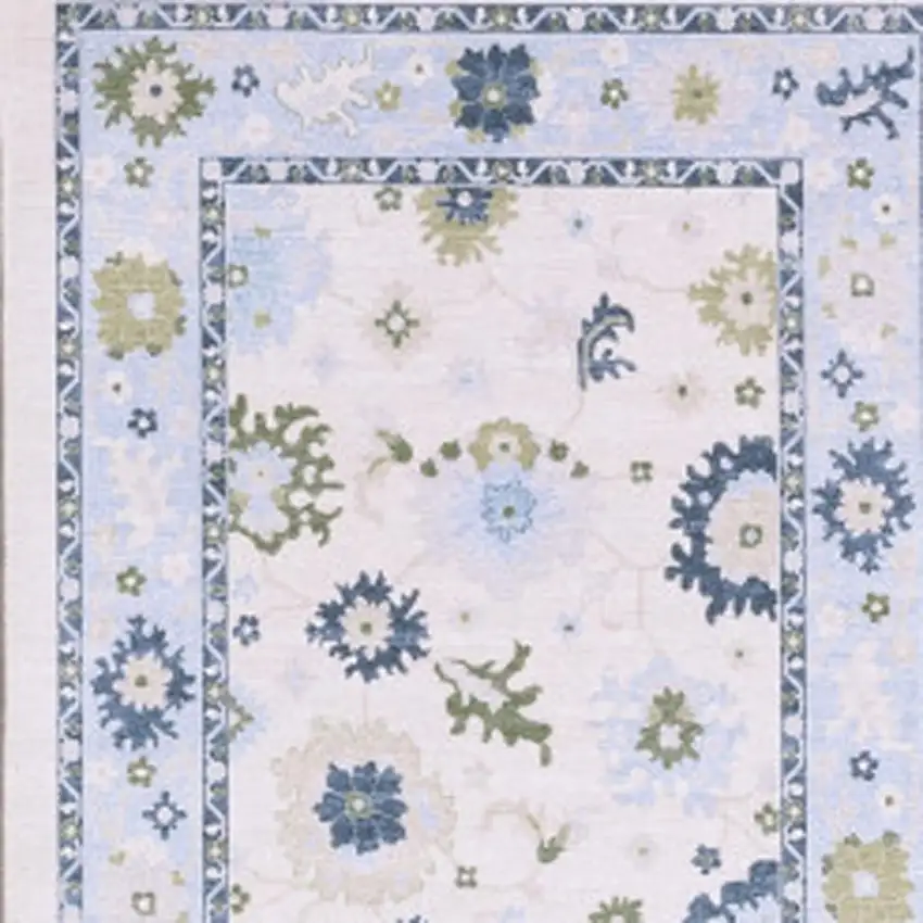 7' White And Blue Oriental Washable Runner Rug Photo 2