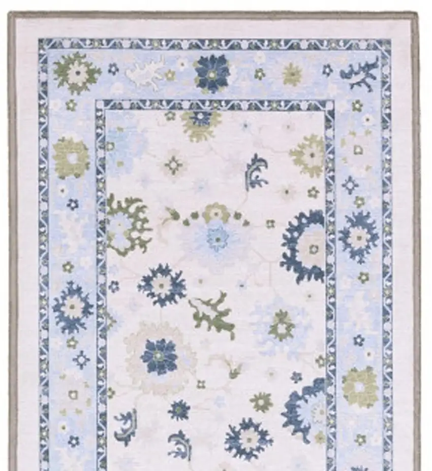 7' White And Blue Oriental Washable Runner Rug Photo 3