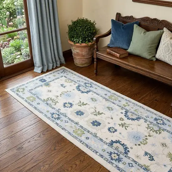 7' White And Blue Oriental Washable Runner Rug Photo 1