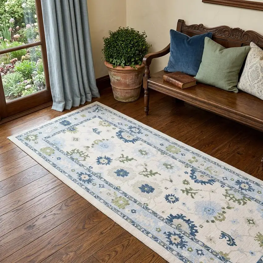 7' White And Blue Oriental Washable Runner Rug Photo 1