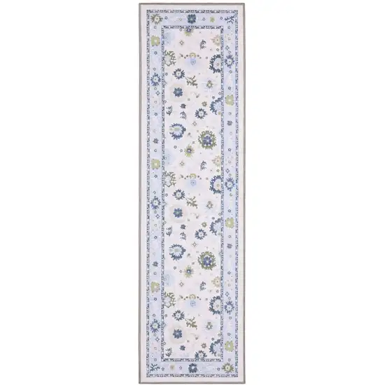 7' White And Blue Oriental Washable Runner Rug Photo 4