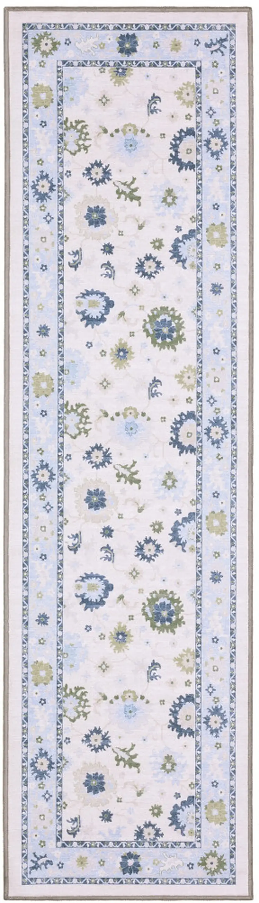 7' White And Blue Oriental Washable Runner Rug Photo 4