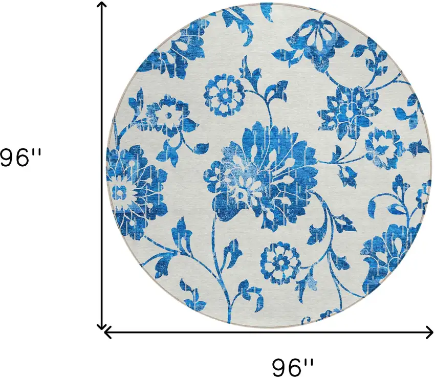 8' White And Denim Blue Round Floral Washable Indoor Outdoor Area Rug Photo 3