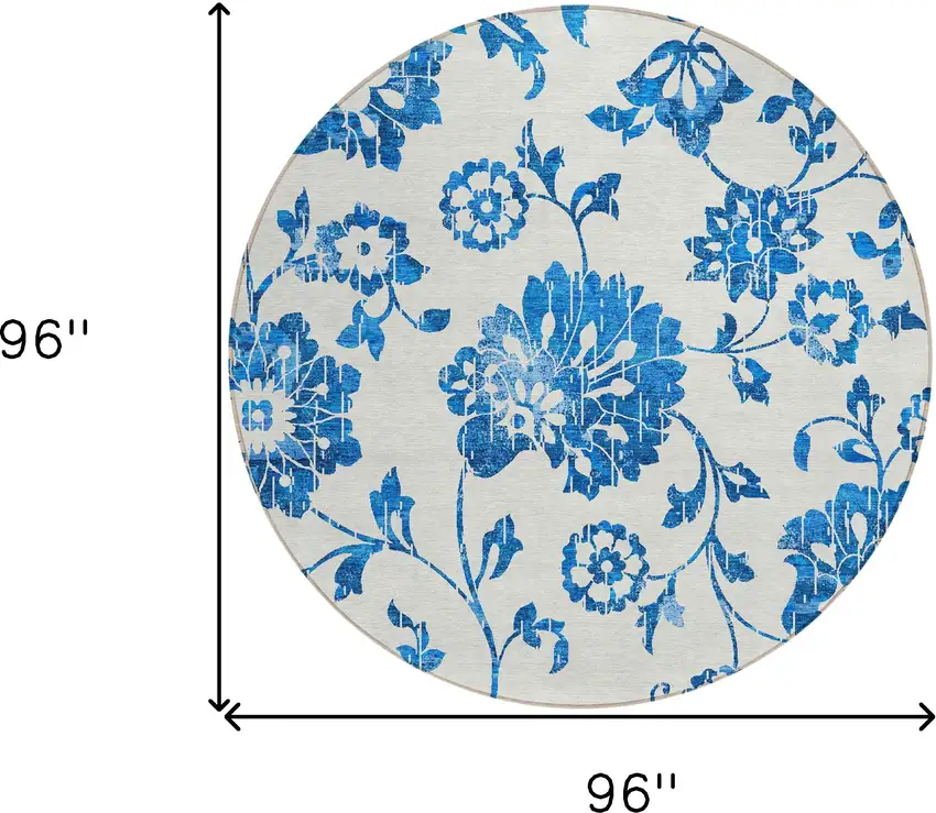 8' White And Denim Blue Round Floral Washable Indoor Outdoor Area Rug Photo 3