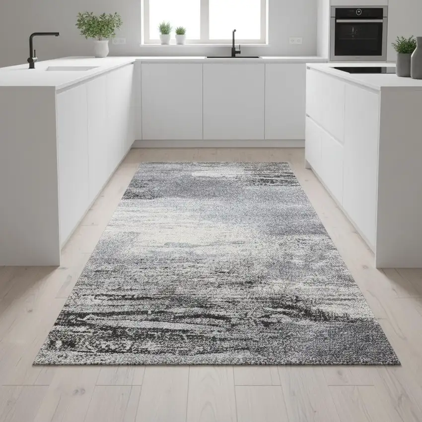 8' White And Gray Abstract Runner Rug Photo 1