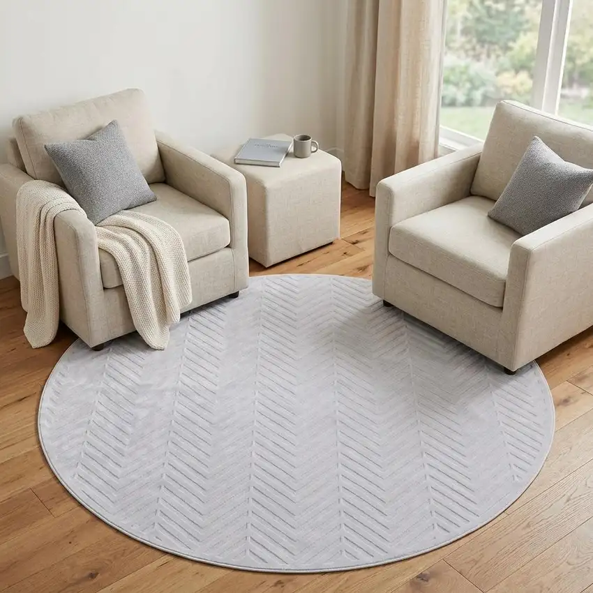 7' White And Gray Geometric Round Rug Photo 1
