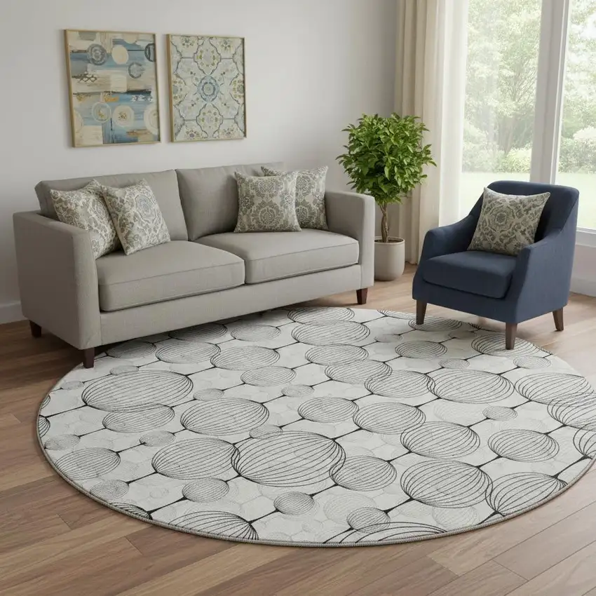 8' White And Gray Geometric Washable Round Rug With UV Protection Photo 1