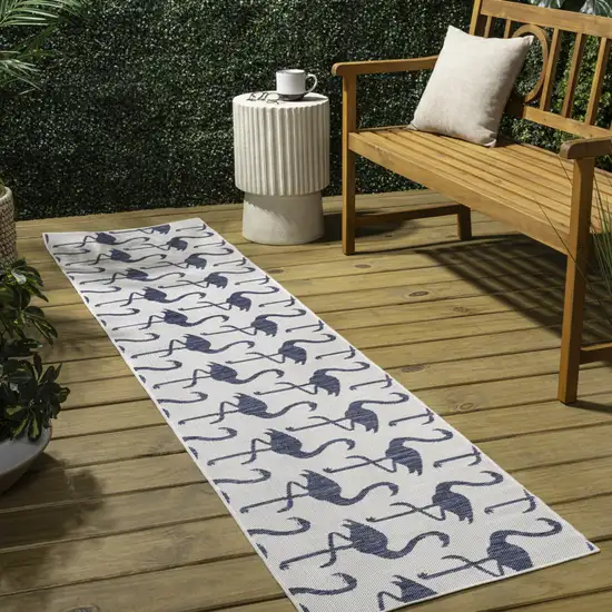 8' White And Navy Blue Animal Print Indoor Outdoor Runner Rug Photo 5
