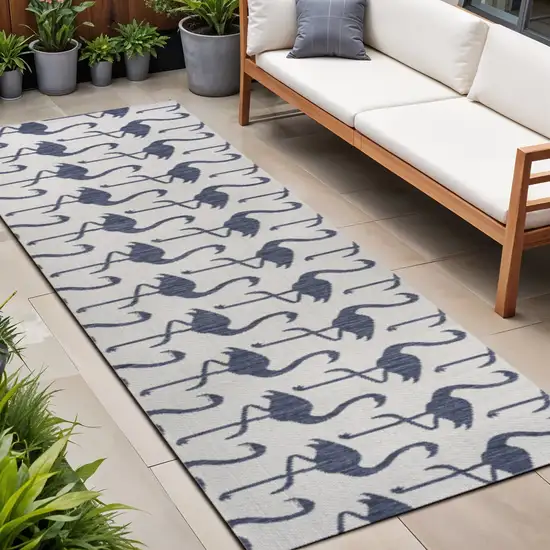 8' White And Navy Blue Animal Print Indoor Outdoor Runner Rug Photo 1