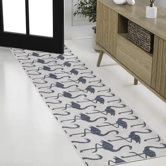 8' White And Navy Blue Animal Print Indoor Outdoor Runner Rug Photo 4